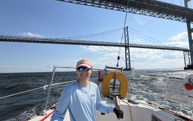 At the helm under the Bay Bridge