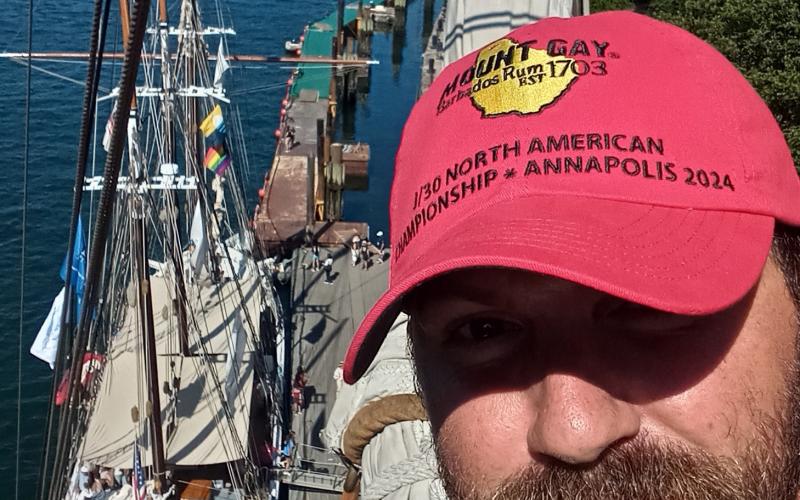 Pride of Baltimore bosun Dave aloft at Sail250 Boston.