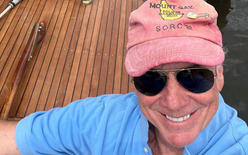 Chris Elliott's 1988 SORC hat has a diaper pin on it (his child is now 37).