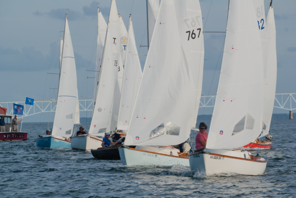 Dr. Sissy Crowther and Arabella Denvir lead the Typhoon fleet over the start line. Photo by Herb Amen