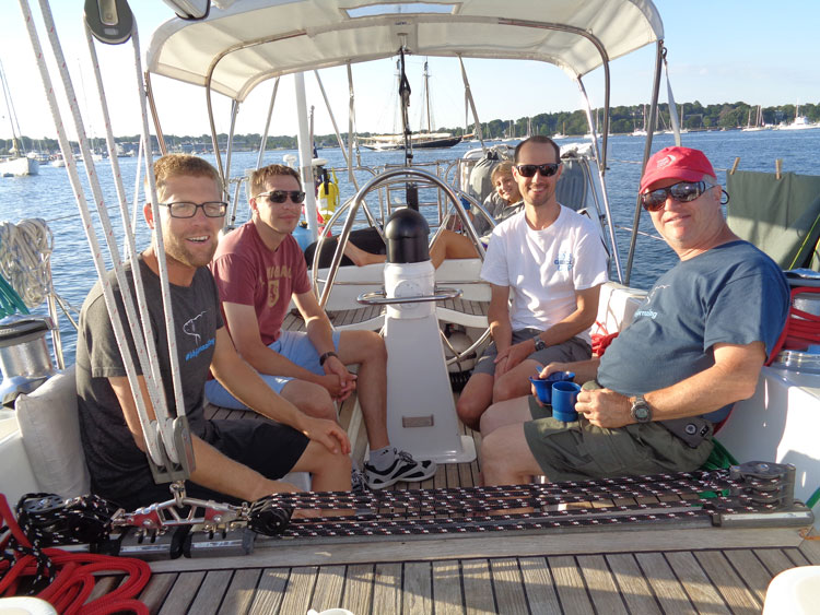 Morning coffee in the cockpit of sailboat Isbjorn the day after Andy's surgery